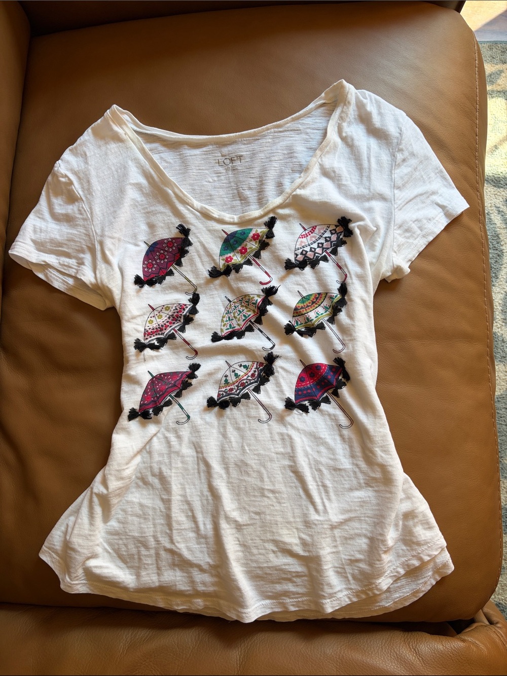 LOFT White Short-Sleeve Tee with Colorful Embroidered Umbrellas w/ Fringe Tassel